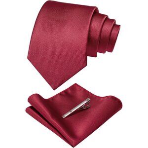 Men's Crimson Colour Formal Necktie and Pocket Square Tie Clip Sets